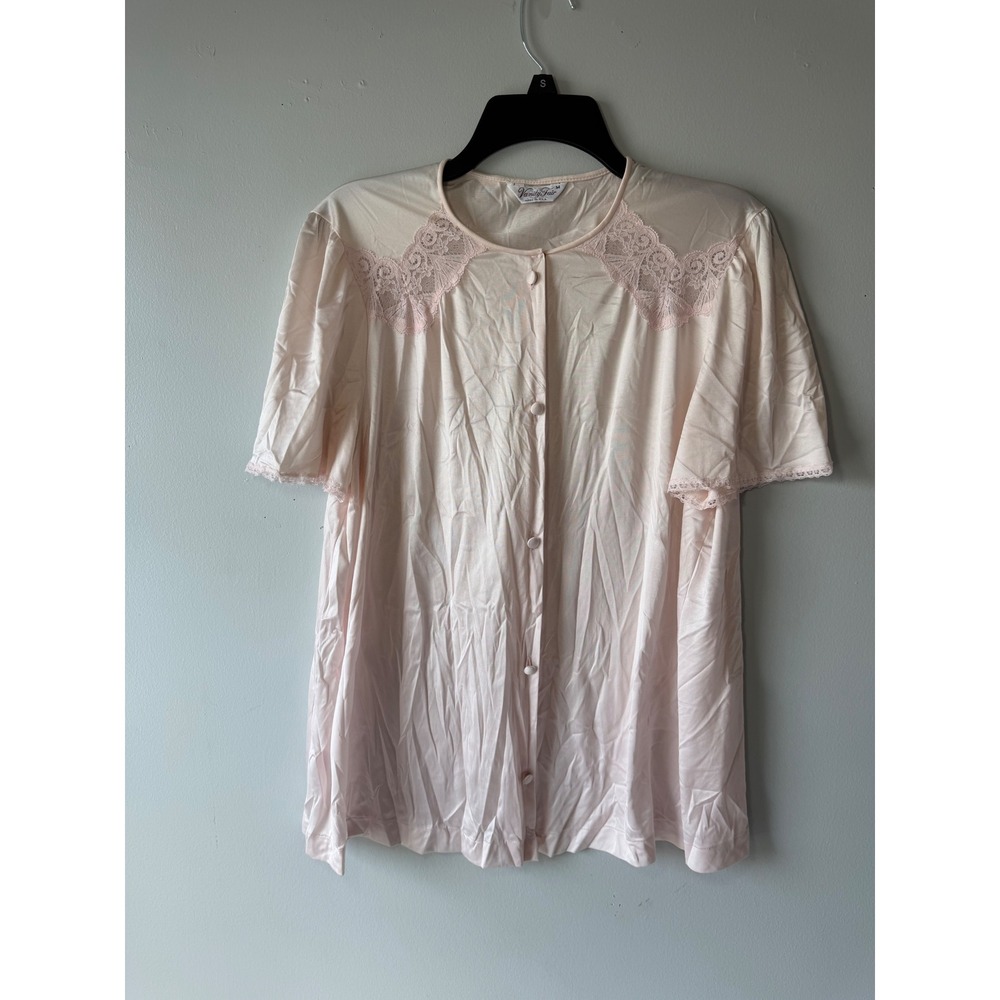 Vintage Vanity Fair Pink Lace Bed Top Short Sleeve Button Front Sleepwear M - Picture 2 of 12